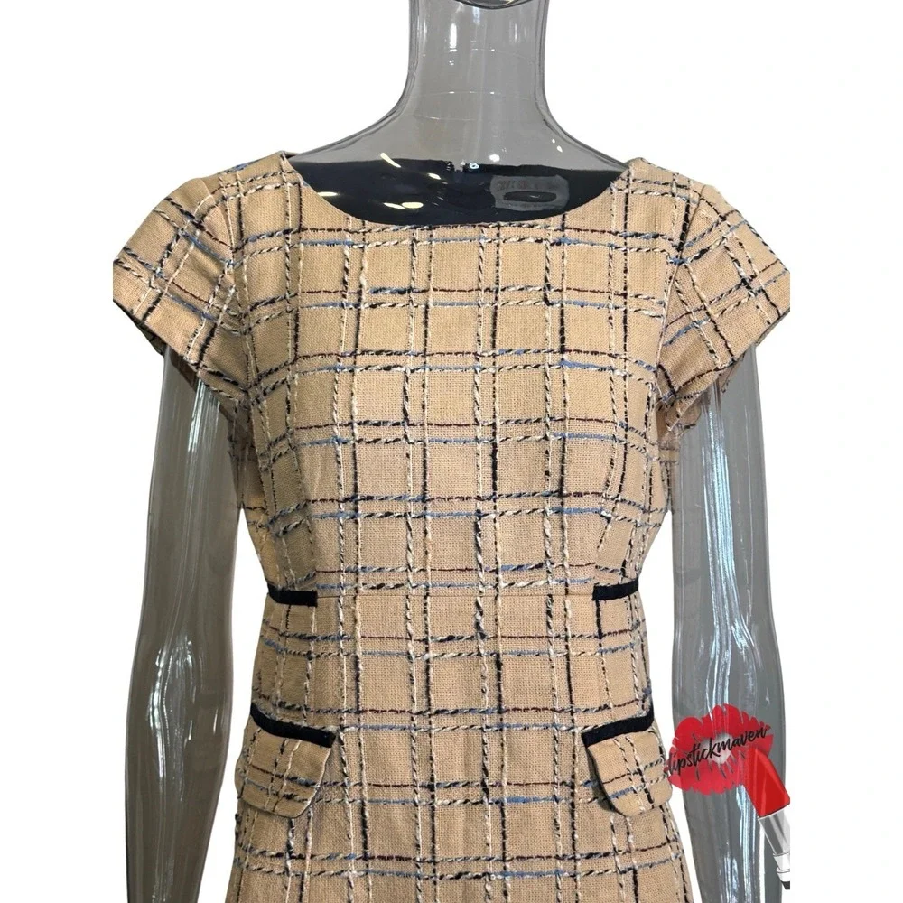 Tory Burch Evie‎ Career Dress Size 10 Woven Neutral Tan Blue Quiet Luxury